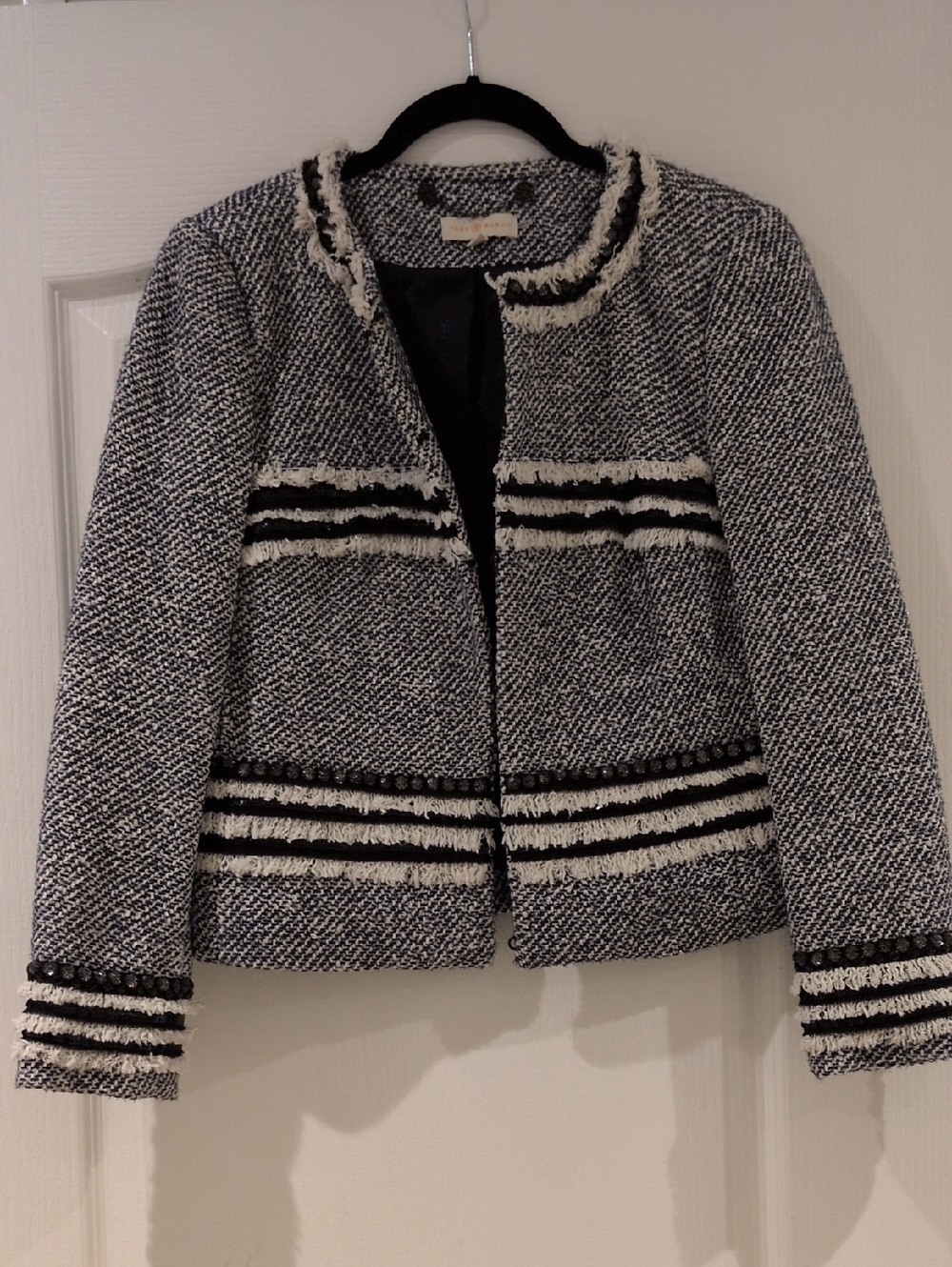 Tory Burch Black & White Tweed Fringe-Trim Jacket